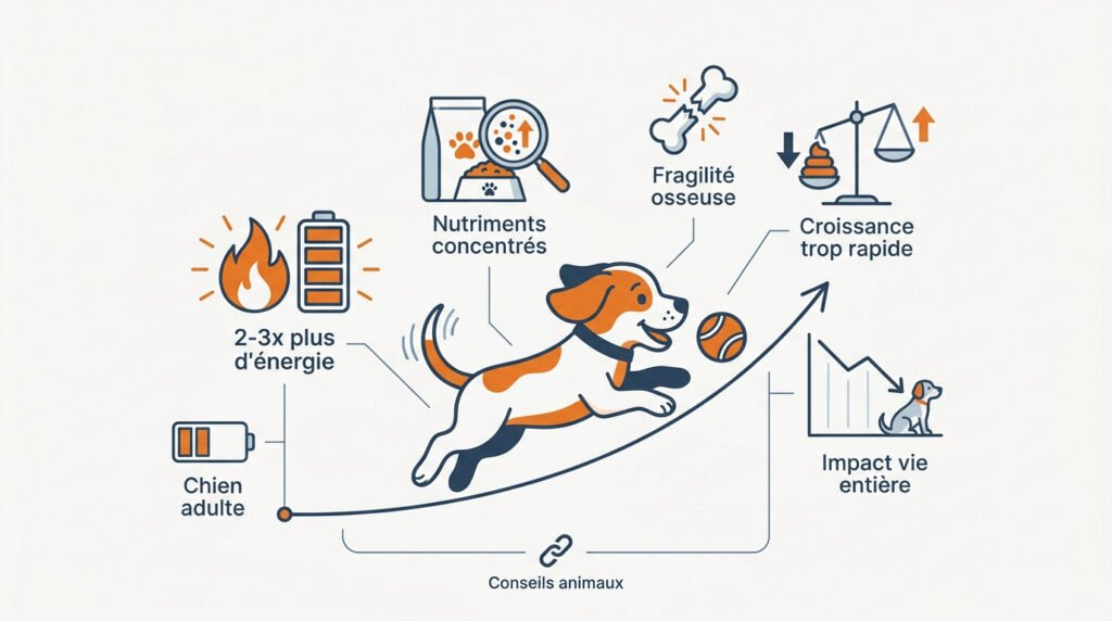 Infographie illustrant les besoins nutritionnels spécifiques du chiot comparés à ceux d'un chien adulte.