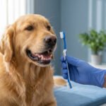 Un vétérinaire en gants bleus tient une brosse à dents devant un chien golden retriever calme dans un cabinet médical.