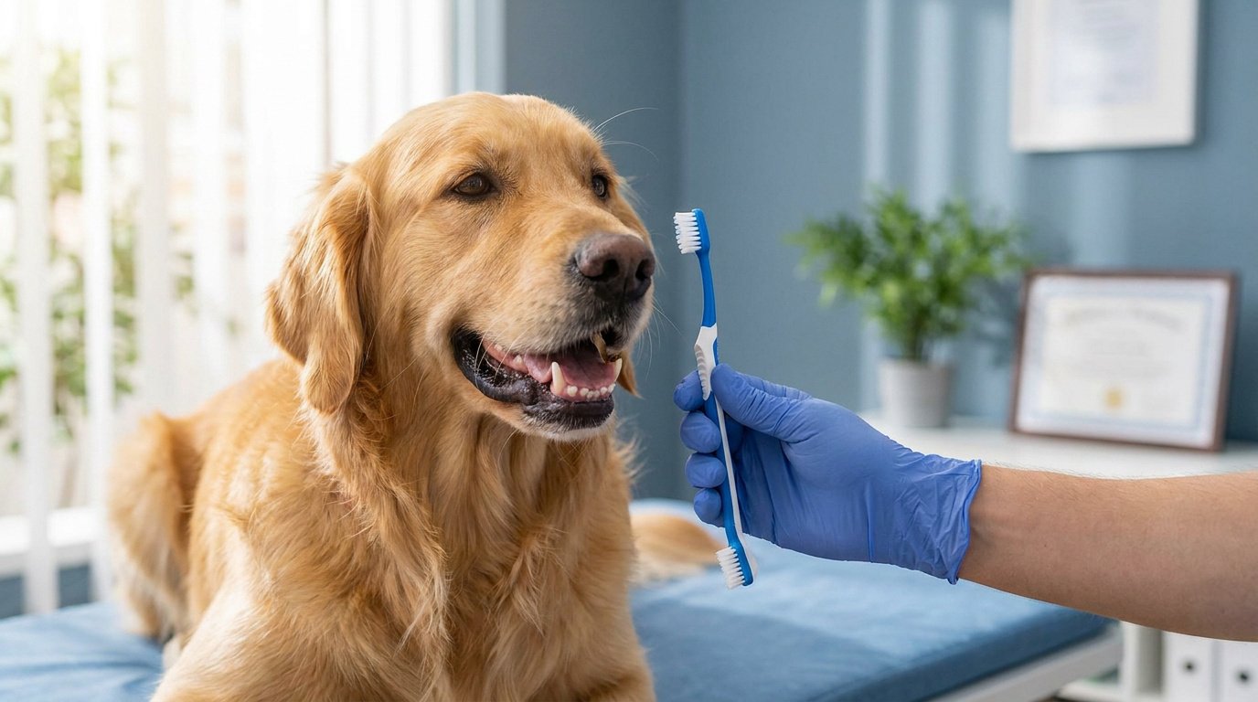 Un vétérinaire en gants bleus tient une brosse à dents devant un chien golden retriever calme dans un cabinet médical.